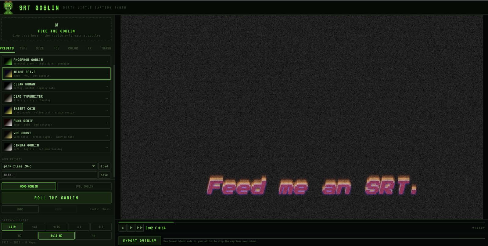 SRT Goblin app — styled captions on black canvas ready for export